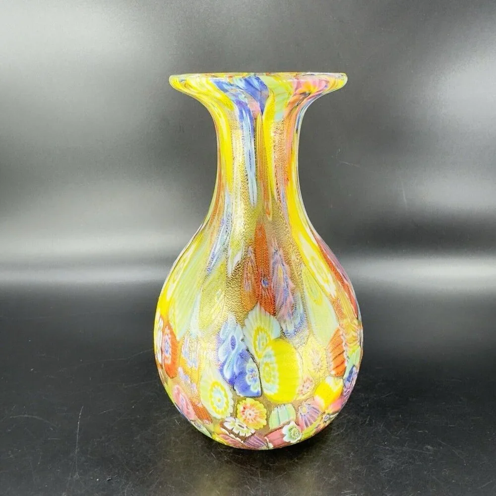 Murano Italian Glass Vase Gold Flecks Aventurine Large Multicolor Millefiori VTG